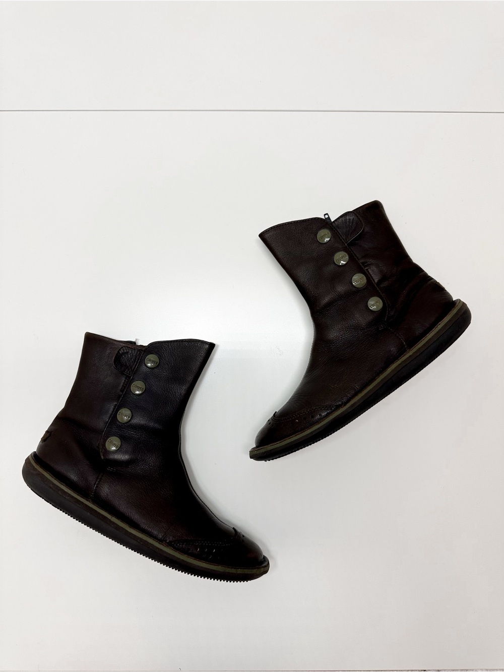 Camper Beetle Leather Side Snap Ankle Boots in Dark Brown and Green